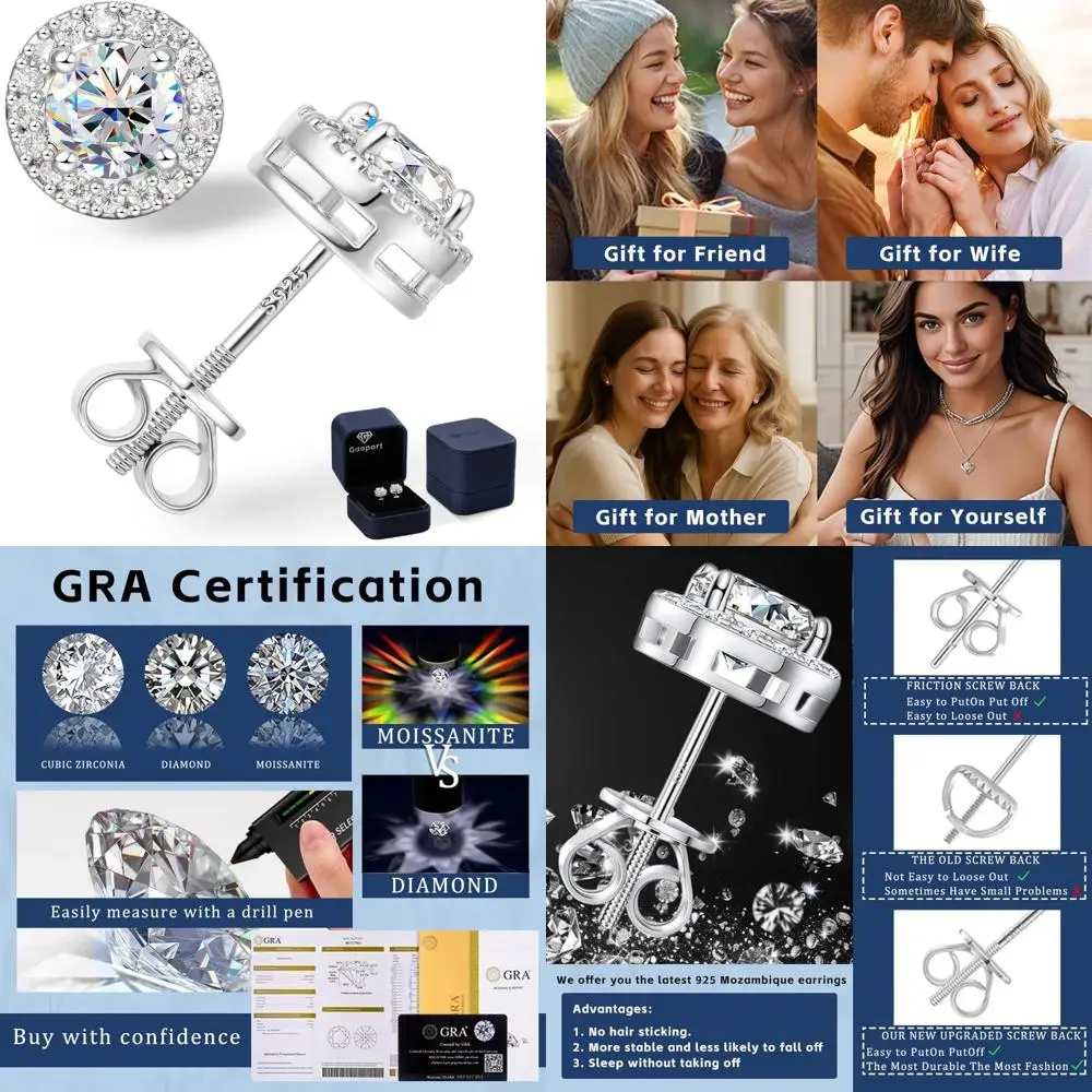 

Серьги-гвоздики с муассанитом для женщин и мужчин: серебряные гипоаллергенные серьги-гвоздики, блестящий подарок на помолвку