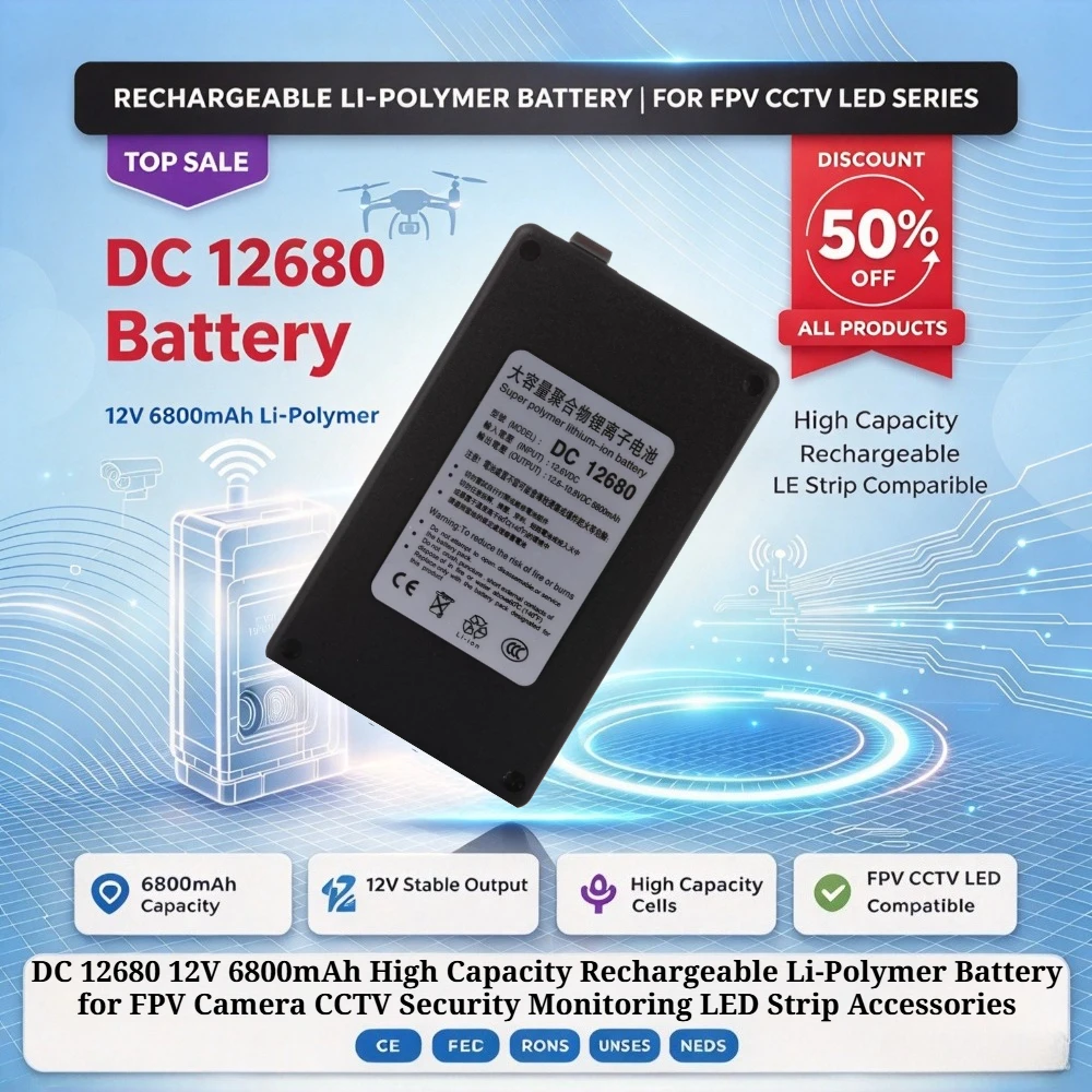 DC 12680 12V 6800mAh High Capacity Rechargeable Li-Polymer Battery for FPV Camera CCTV Security Monitoring LED Strip Accessories
