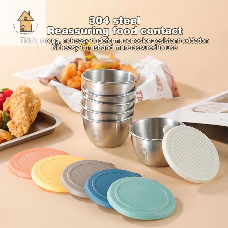

304 Stainless Steel Sauce Seasoning Container 50ml Sauce Cup Silicone Cover Leak-proof Salad Dipping Dish Small Storage Box