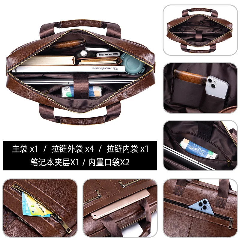 Men's genuine leather briefcase for computer storage, top layer cowhide business large-capacity crossbody handbag