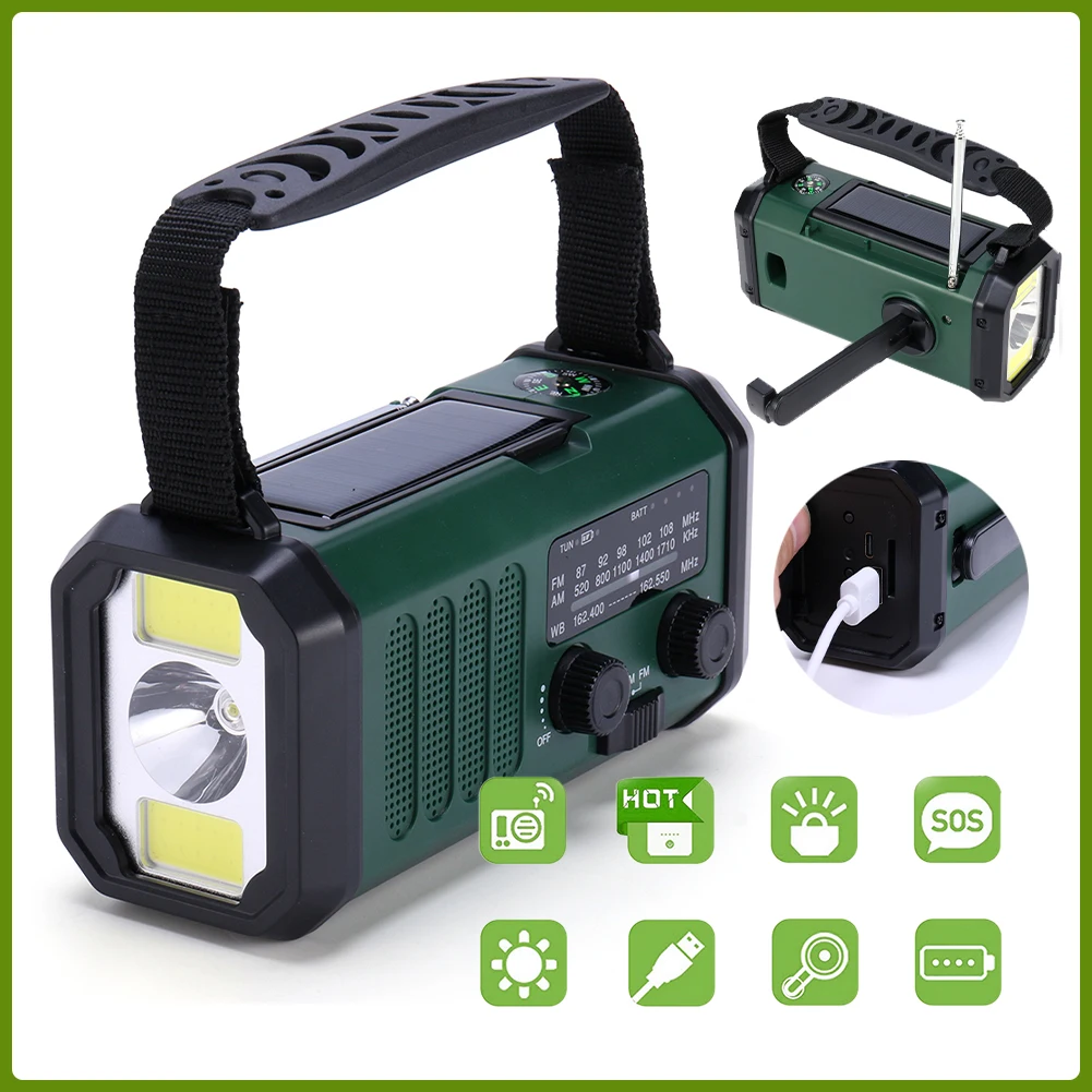 

LED Emergency Power Bank AM/FM/WB 10000mAh Hand Crank Radio Flashlight Reading Lamp Emergency Radio Handcrank Solar with Compass