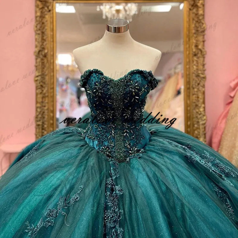 Vestido De baile De princesa verde, vestido De quinceañera sin hombros, 3D Apliques De encaje, flores Vx De quinceañera, 15 vestidos De fiesta De graduación