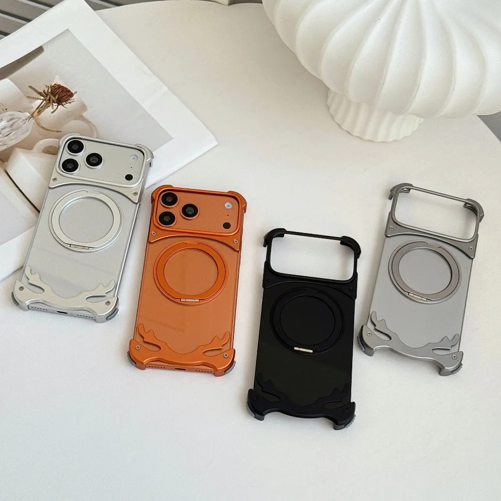 

Detachable Frameless Aluminum Alloy Phone Case for iPhone 17 16 15 14 Pro Max with Metal Rotating Kickstand