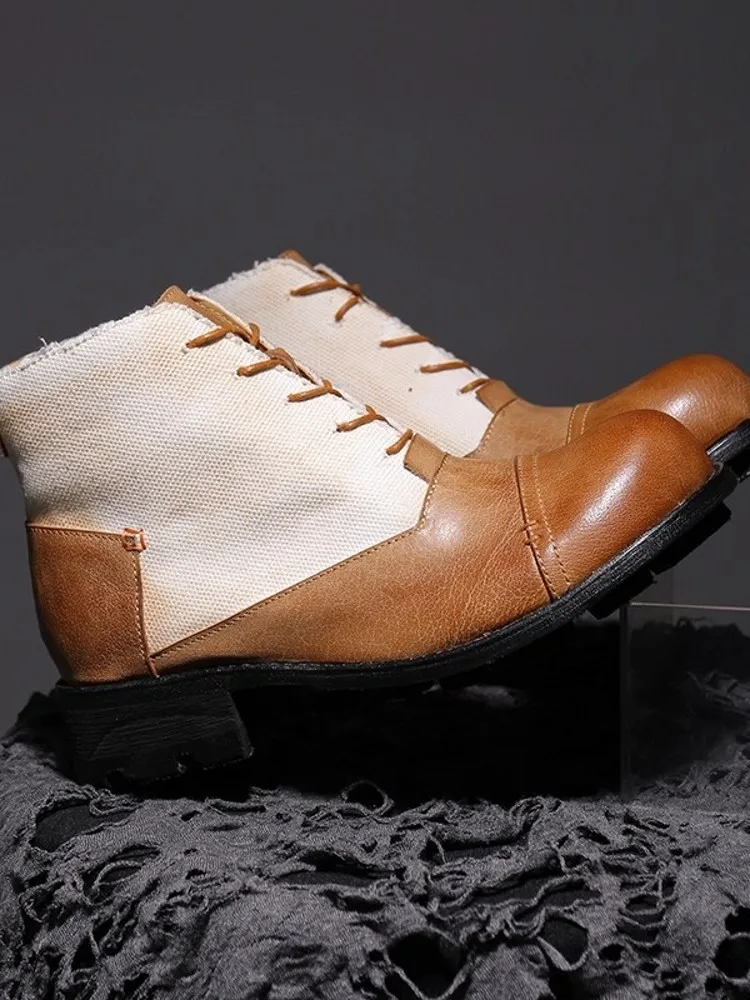 Handmade Mens Cowhide Genuine Leather Spliced Canvas Work Safety Shoes Thick Platform Lace Up High Top Ankle Boots Vintage Shoes