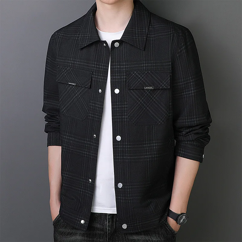 

2025 spring new lapel coat tooling casual windproof fashion plaid men's business jacket