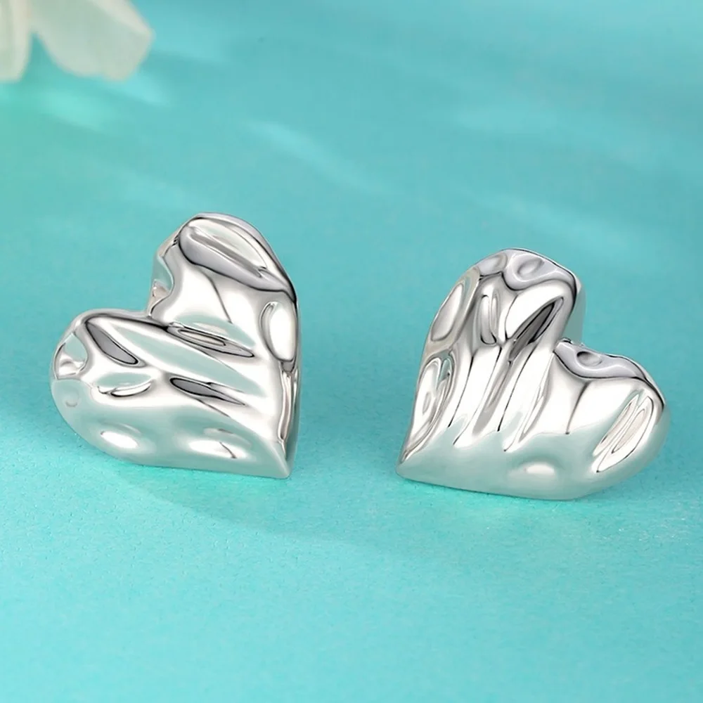 

Real Pure Platinum 950 Stud Women Gift Lucky Irregular Fold Heart Earrings 5.76g