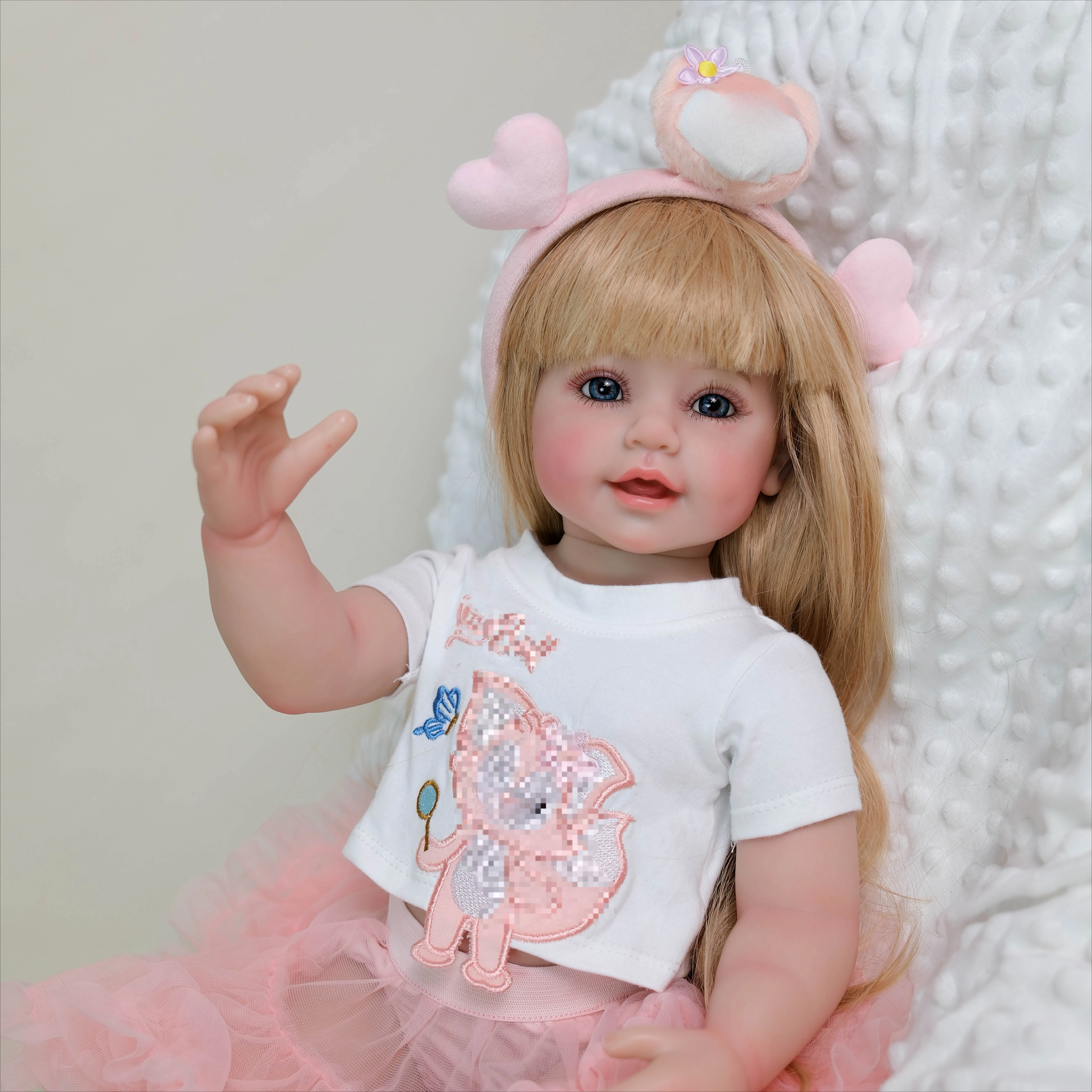 

NPK 22''Handmade Full Body Viny Reborn Toddler Smiling Baby Happy Girl Hand Painting 3D Skin Collectible Lifelike Art Doll