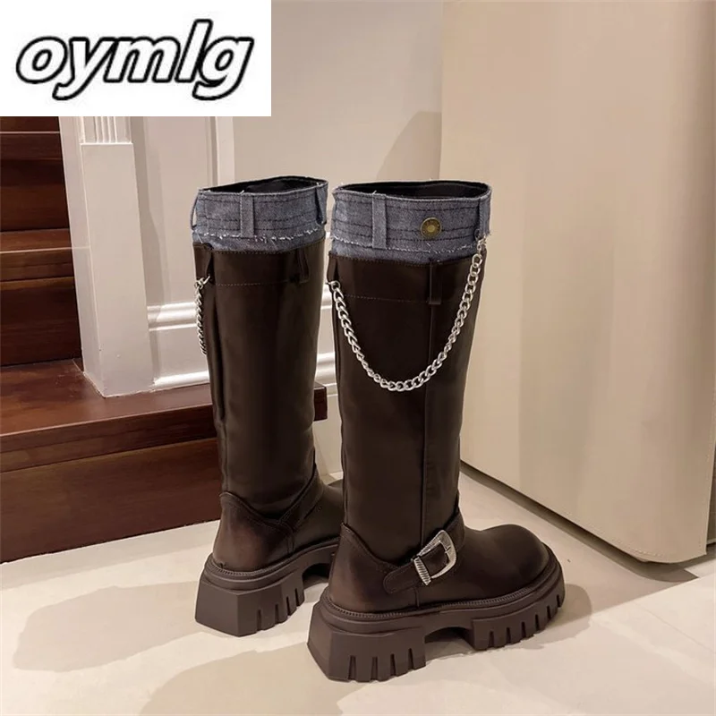 Retro brown knee high soled boots, children\'s long boots, 2024 new autumn look slim and tall knight boots