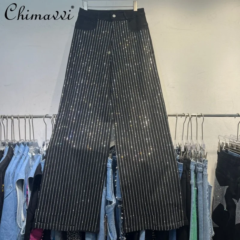 

Heavy High-end Vertical Stripe Hot Diamond Jeans Women's 2025 Summer New Fashion Large Size Straight Skinny Denim Pants