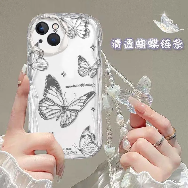 Korean 3D Butterfly Bracelet Chain Phone Case for IPhone 15 Pro Max 14 11 13 12 Mini XR 8 7 Plus X XS SE 2022 Wavy Clear Cover