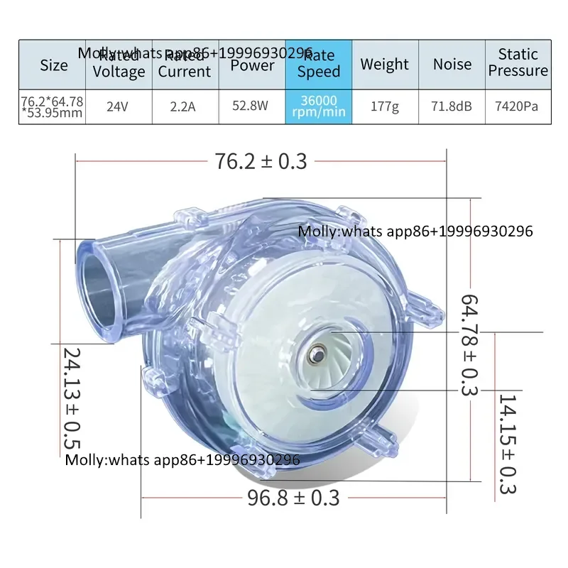 24V Tekanan Tinggi 7.8Kpa Brushless DC Micro Blower 36000rpm Tahan Air Blower Sentrifugal Rendah Kebisingan untuk Sistem Vakum