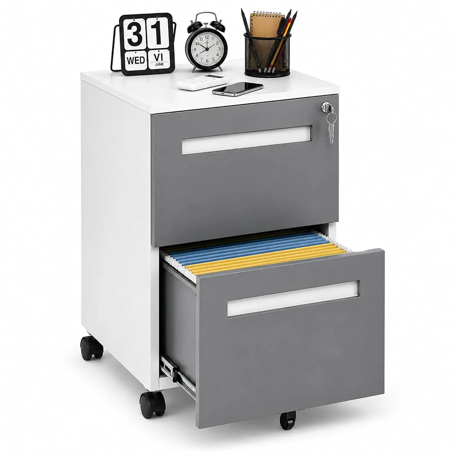Metal File Cabinet 2 Drawer with Lock, Mobile Under Desk, Fits Letter Legal A4, 18x15x27 Inch Rolling Printer Stand, Customized