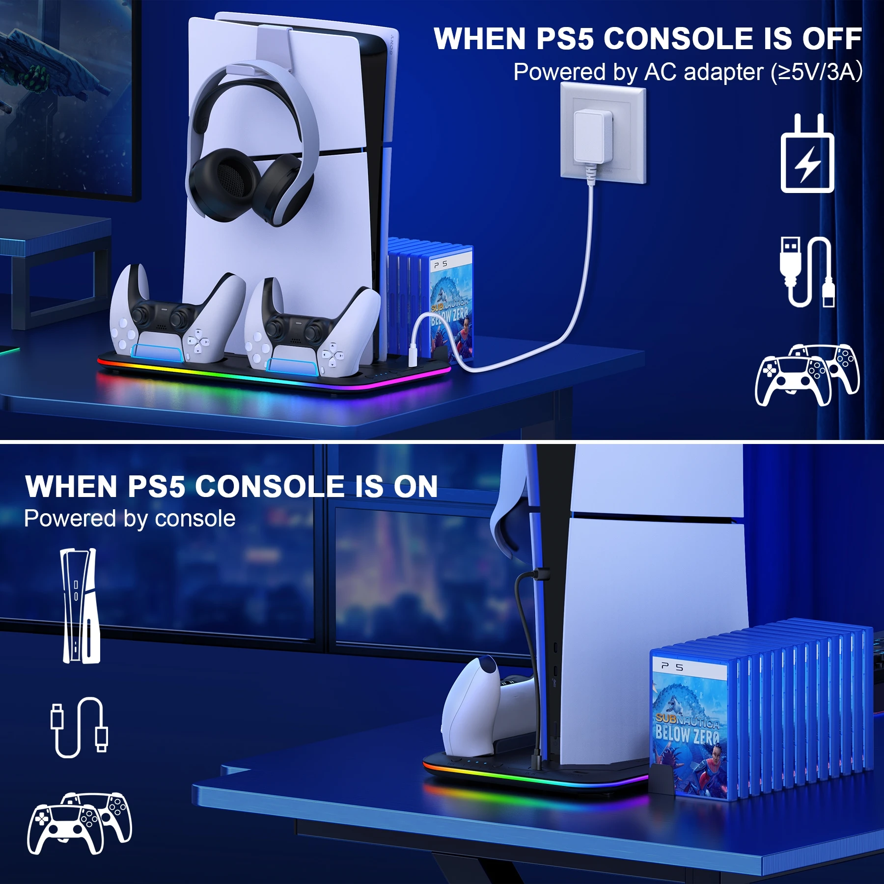 Dinofire-Accesorios de juego para PS5 Slim Stand, estación de refrigeración RGB con ventilador de refrigeración, cargador de controlador Dual para