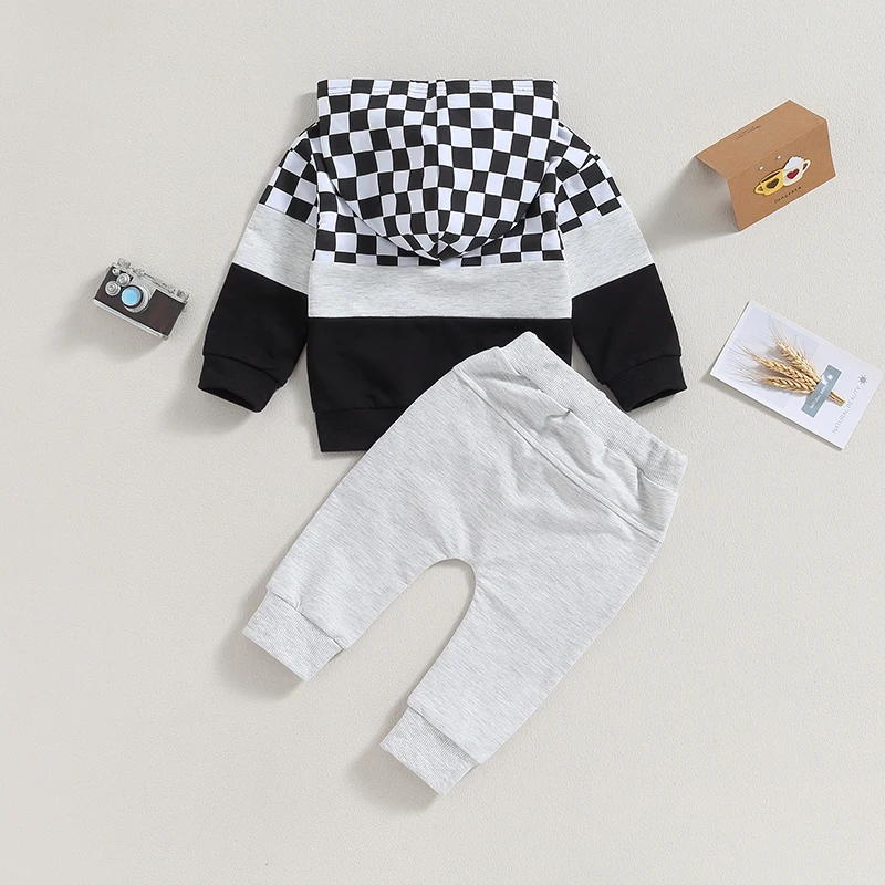 Checkerboard Color Block Hoodie Outfits para o bebê recém-nascido, roupas de criança, sweatsuit outono, conjuntos de roupas de inverno, 0-3T