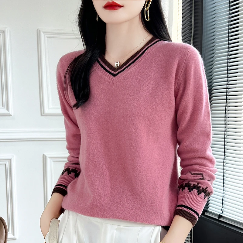 Autumn New 100% Pure Wool Sweater, Women\'s V-Neck Color Blocked Pullover Sweater, Fashionable Slimming, Knitted Base Stylish Top