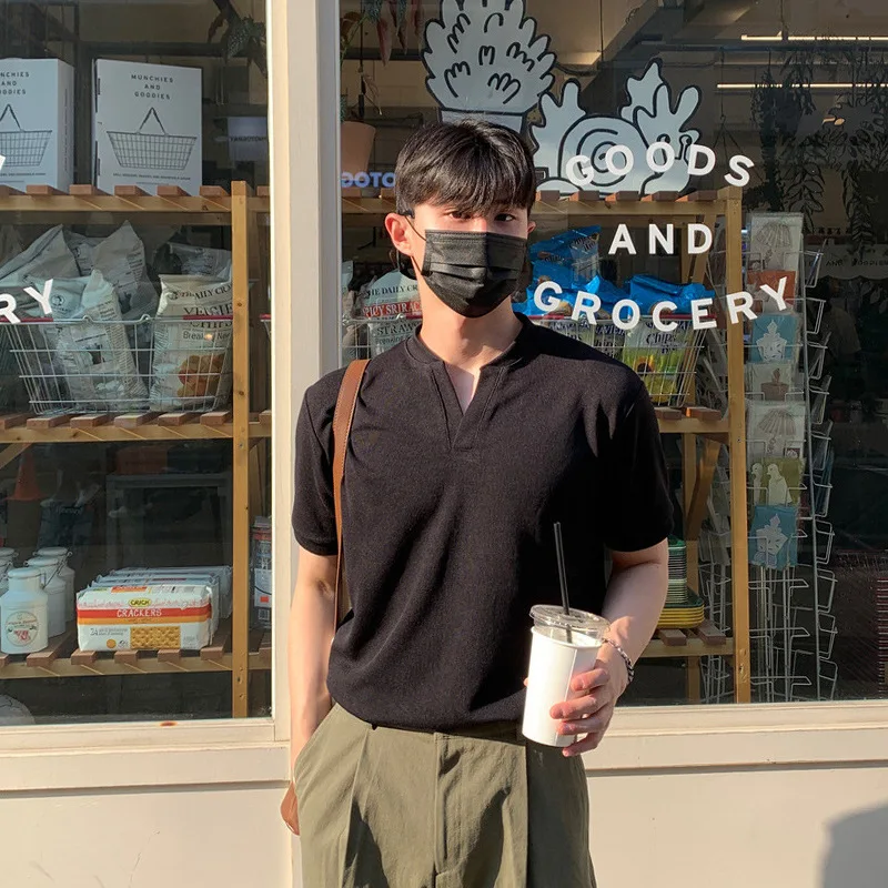 Korean Fashion Pure Cotton Men Short Sleeved Shirt V-neck Summer Breathable Casual Shirts Trend Simple Dark Blue Black Gray Top