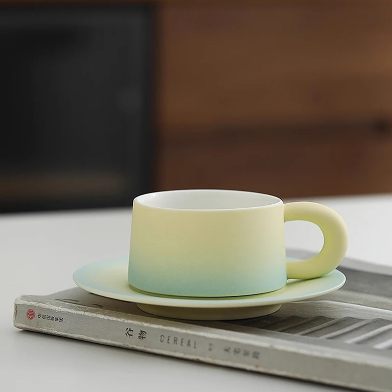 Creative Gradient Color Cute Cups, Household Office Items Porcelain Water Mug, Minimalist style Coffee Cup and Plate Combination