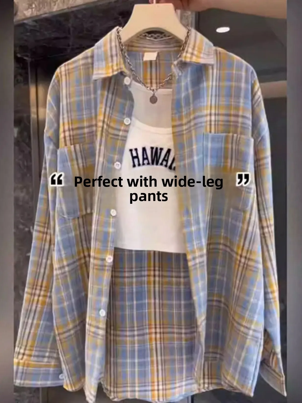 

Мужская клетчатая рубашка Powerful Sle свободного кроя с длинными рукавами, осенняя верхняя одежда, сине-желтая, повседневная, модная