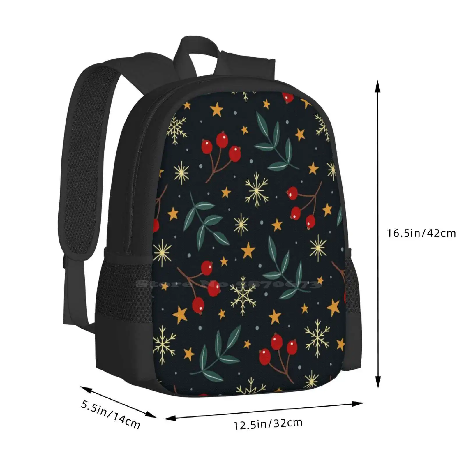 Winter Magic Large Capacity School Backpack Laptop Bags Gouache Winter Berries Berry Leaves Leaf Nature Snowflakes Stars Stary