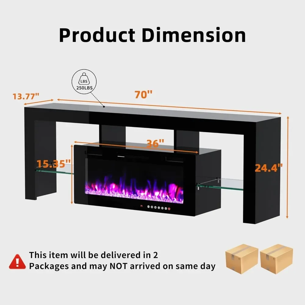 Modern 70" TV Fireplace Stand with 12-Color LED Lights & 12-Color Flame, High Gloss Floating Fireplace Entertainment Center