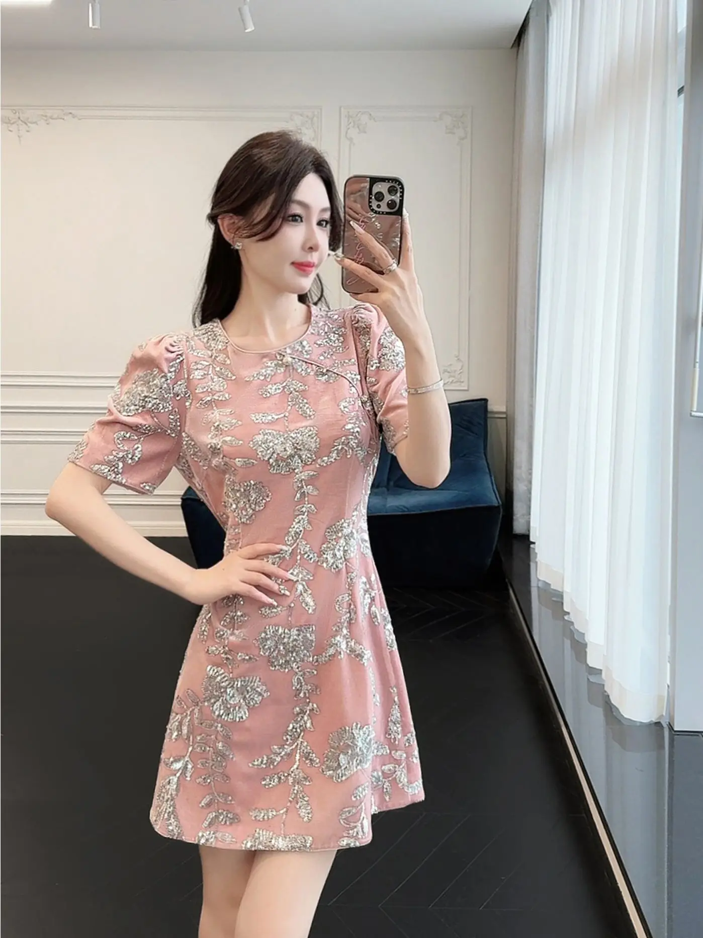 

Новое китайское повседневное женское платье А-силуэта с круглым вырезом, высокой талией, короткими рукавами-фонариками, из полиэстера, для весны