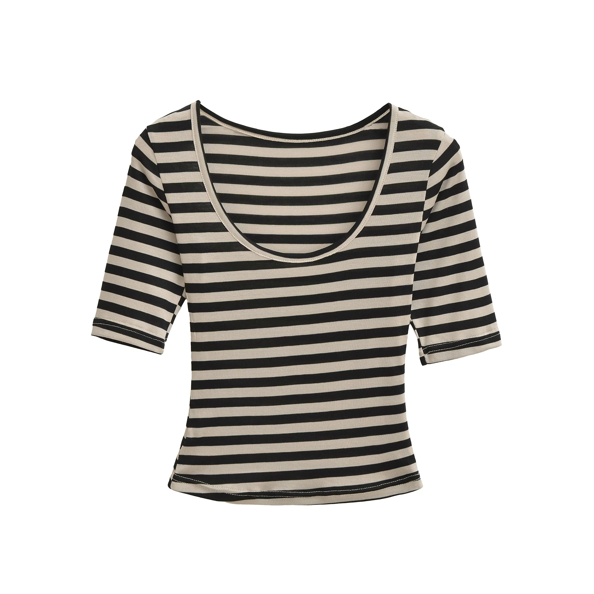 Lyocell stylish color-block striped short-sleeve T-shirt for women summer slim-fit design top for trendy girls   B1OV