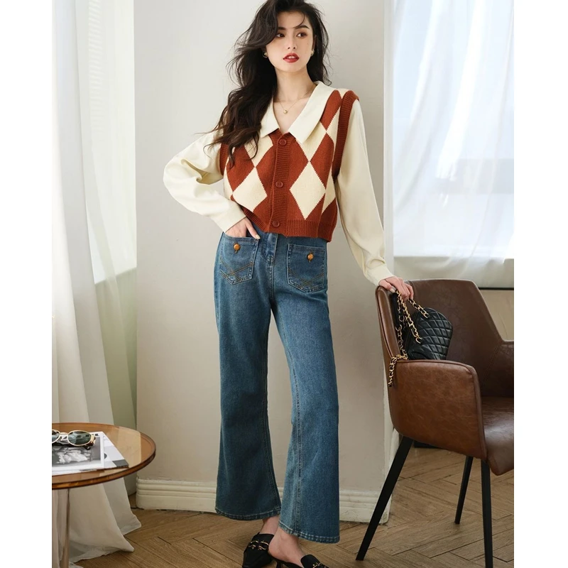 Women Spring Autumn French Vintage Plaid Shirts 2023 New Korean Lady Graceful Knits Vest Blouse Patchwork Fake 2 Piece Tops