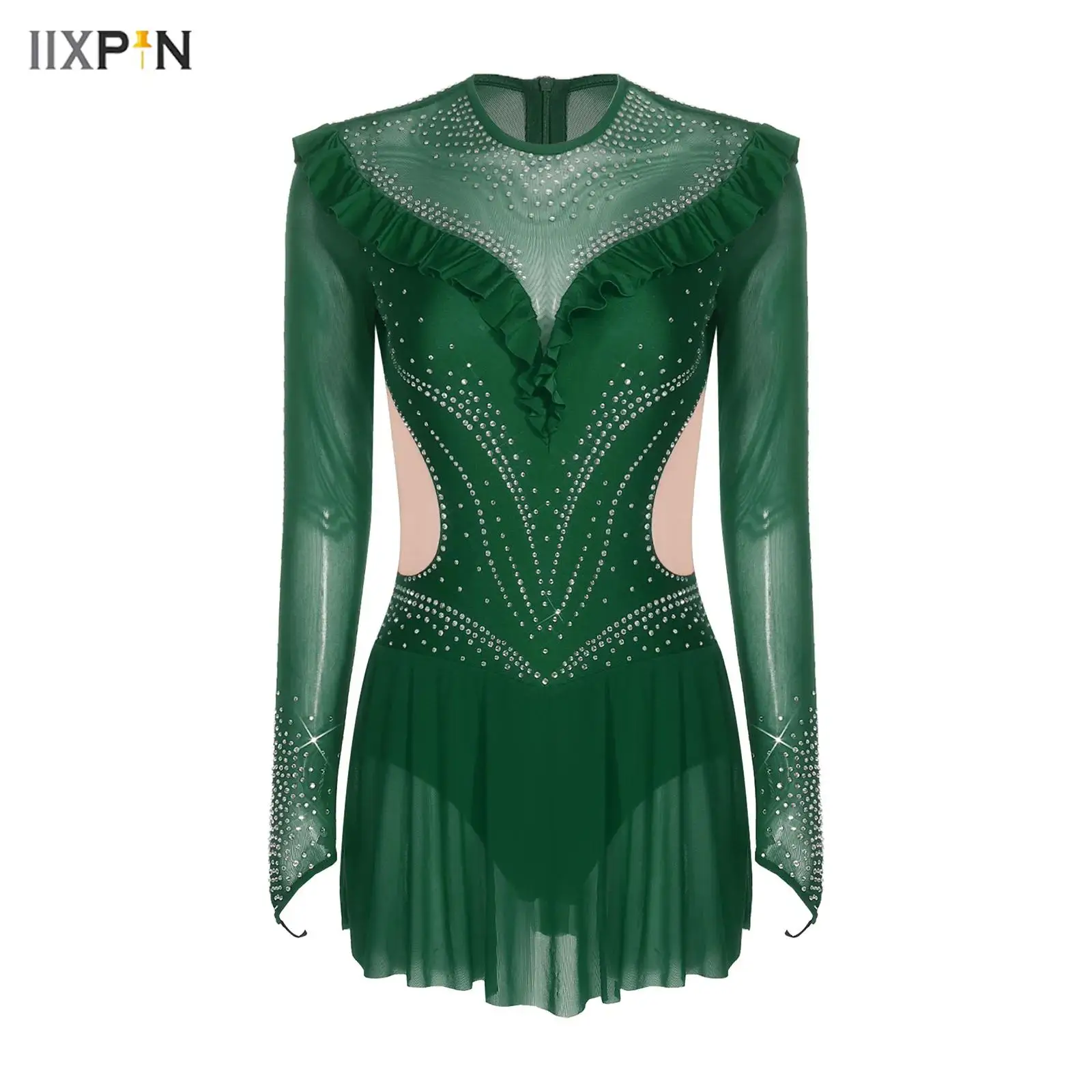 

Women Gymnastics Ballet Latin Dance Dress Figure Skating Leotard Tutu Rhinestone Mesh Ruffled Skirted Leotard One Piece Jumpsuit