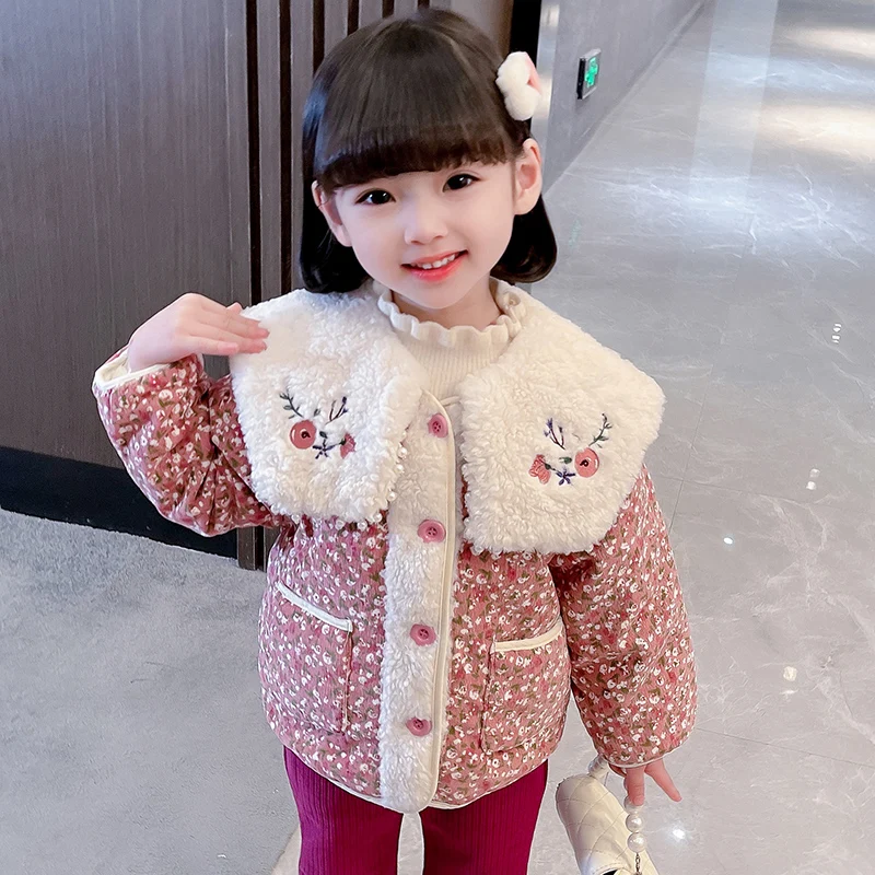 

Baby Girls Autumn Winter Coats Embroidery Floral Children Jacket Outdoor Warm Plush Kids Outerwear Princess Clothing 1-6 Years