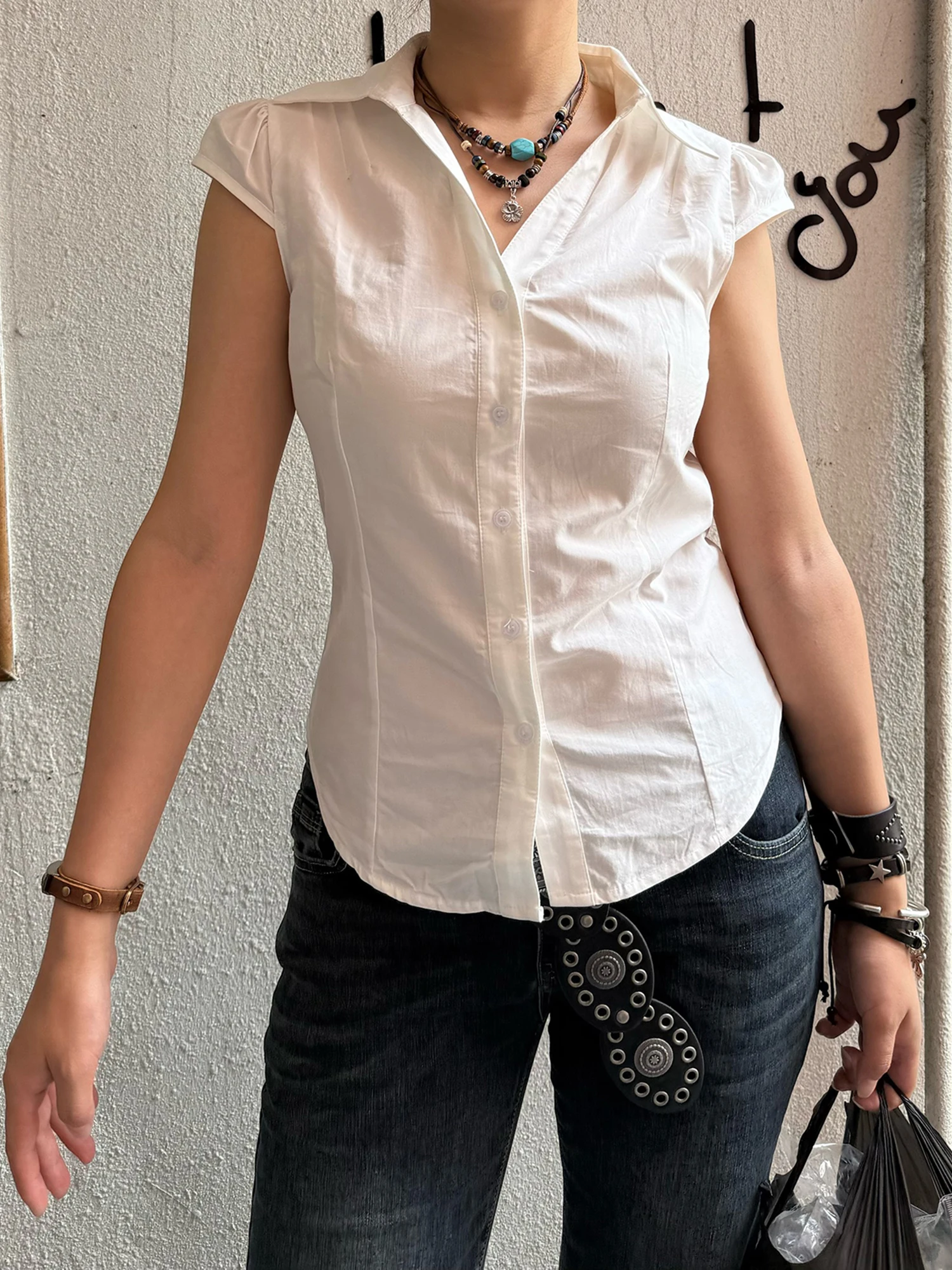 

Ladies Short Sleeve Button Up Blouses with Collar Solid Color Fit Shirts for Summer Casual Work Tops for Women