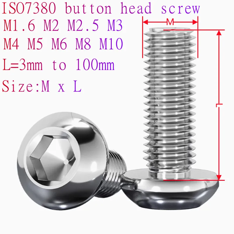 2pcs-100PCS/lot ISO7380 M1.6 M2 M2.5 M3 M4 M5 M6 M8 M10 A2-70 Stainless Steel 304 Hexagon Allen Socket Button Head Cap Screw