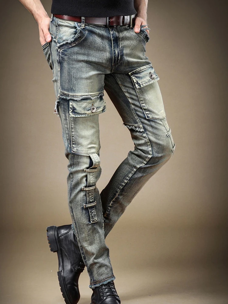 2024 Men's Jeans Stretch Vintage Washing Drak Blue Denim Pants Autumn Summer Luxury Street  Hip-Hop Style Slim Fit Men Trousers