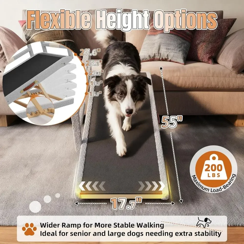 55 Extra-Long Wooden Dog Bed with Plush Fabric Cover and Adjustable Safety Rails for Large Dogs