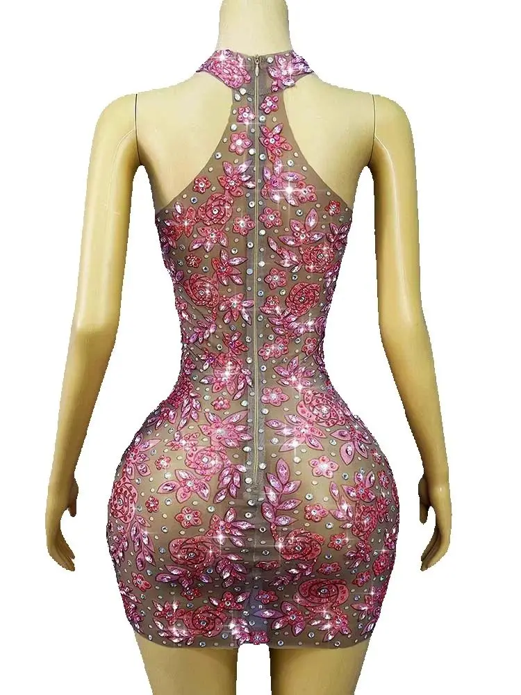 Vestido de malla elástica colgante con cuello Sexy estampado en caliente de alta calidad 2025, nueva moda, ropa personalizada para mujer