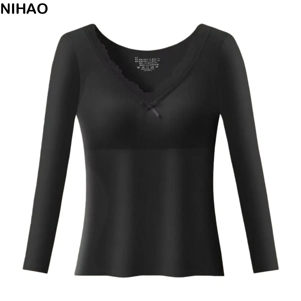 

Lace Women Wool Thermal Clothes Invisible V Neck Thermal Underwear Wool Fleece Feel Heating Warmth Long Tops Autumn/Winter
