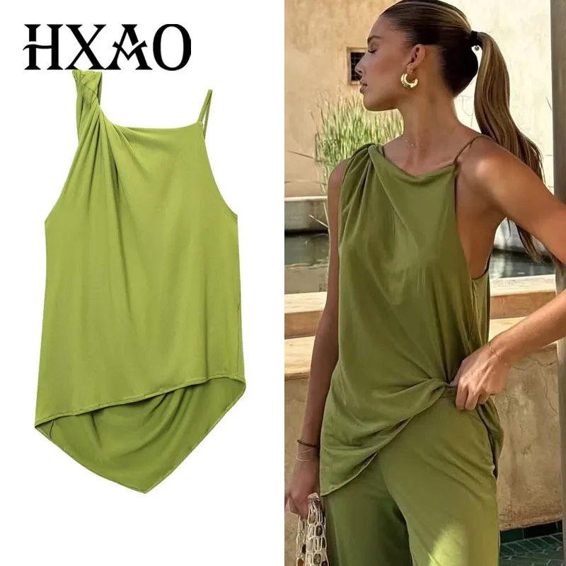 Top Women Summer Tank Sleeveless Top With Open Back Ruffled Asymmetrical Slip Top Sexy Street Style CasualOversize Green Tops