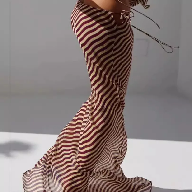 軽量ゼブラ柄テルネドレ レディースファッション 夏2024 ハイウエストニットスカート 薄手生地デザイン