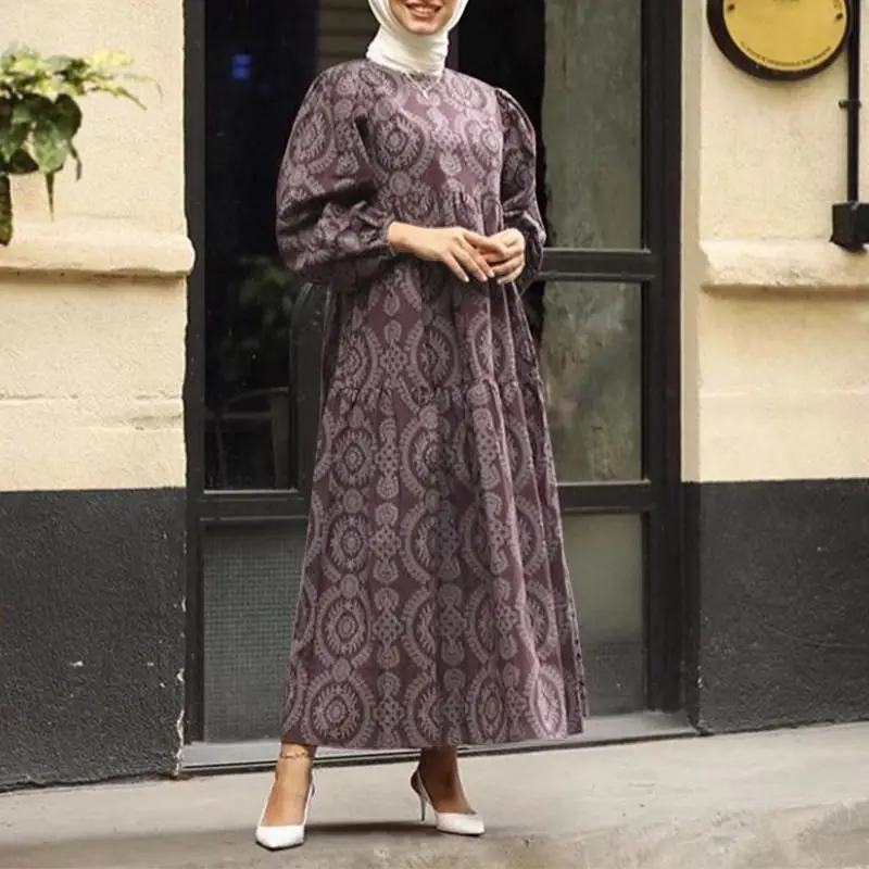 Plus Size Casual Abaya musulmano Donna Manica a sbuffo Abaya Abito musulmano Volant allentato Abito lungo da donna musulmana Trasporto di goccia