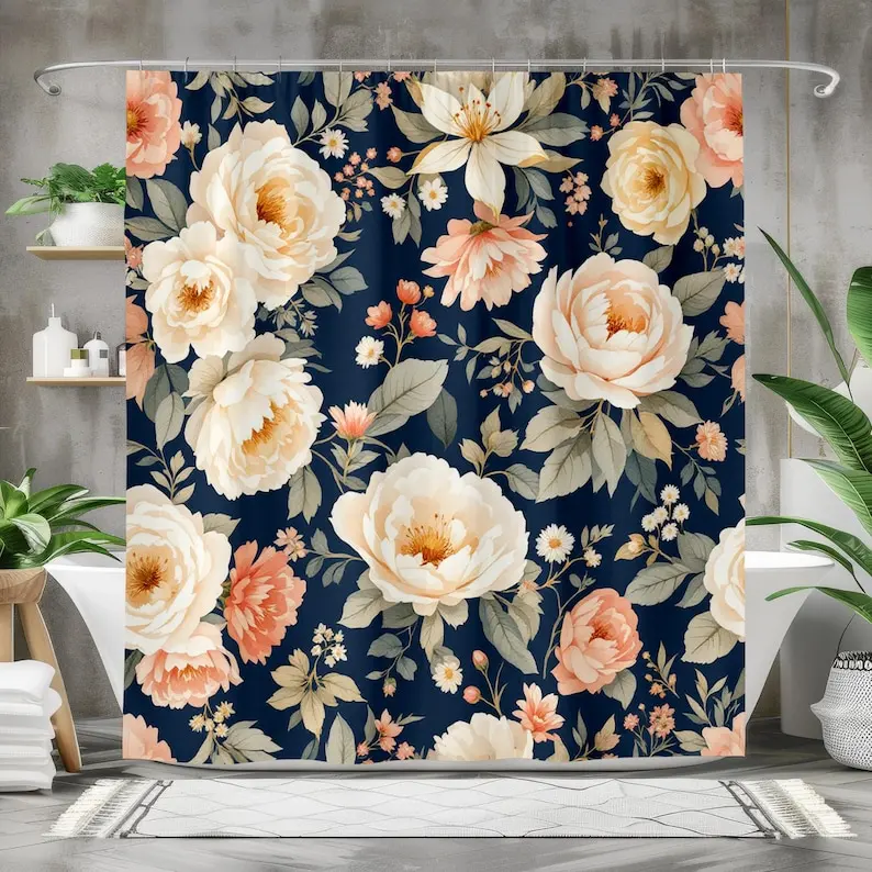 Floral Shower Curtain, Large Blooming Peonies and Roses on Navy Blue, Vintage Romantic Bathroom Decor