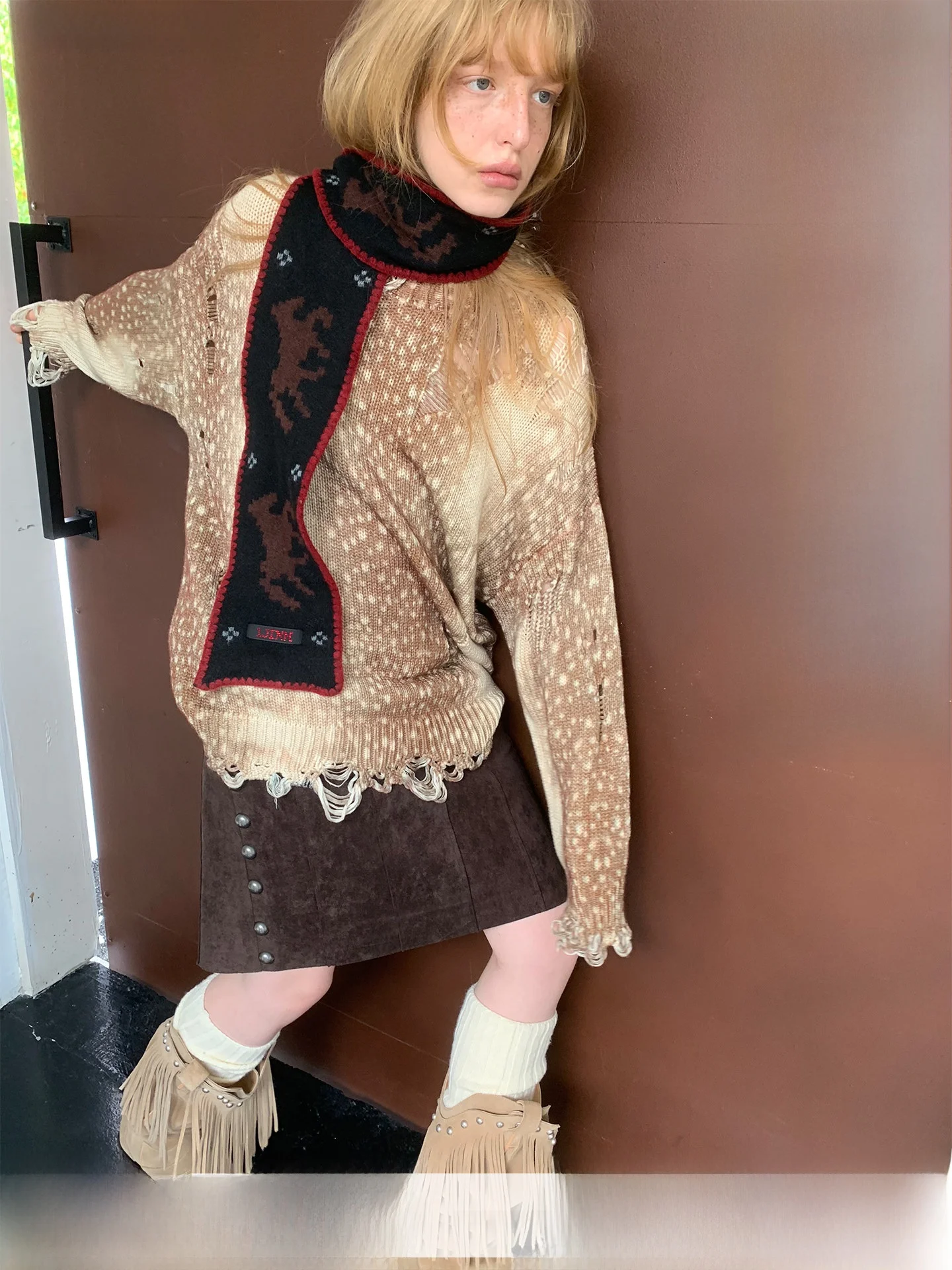 

Retro Deer Pattern Printed Hollow out Knitted Sweater Women's Loose round Neck Large Sweater 1JINN STUDIO Lazy Style Cotton B...