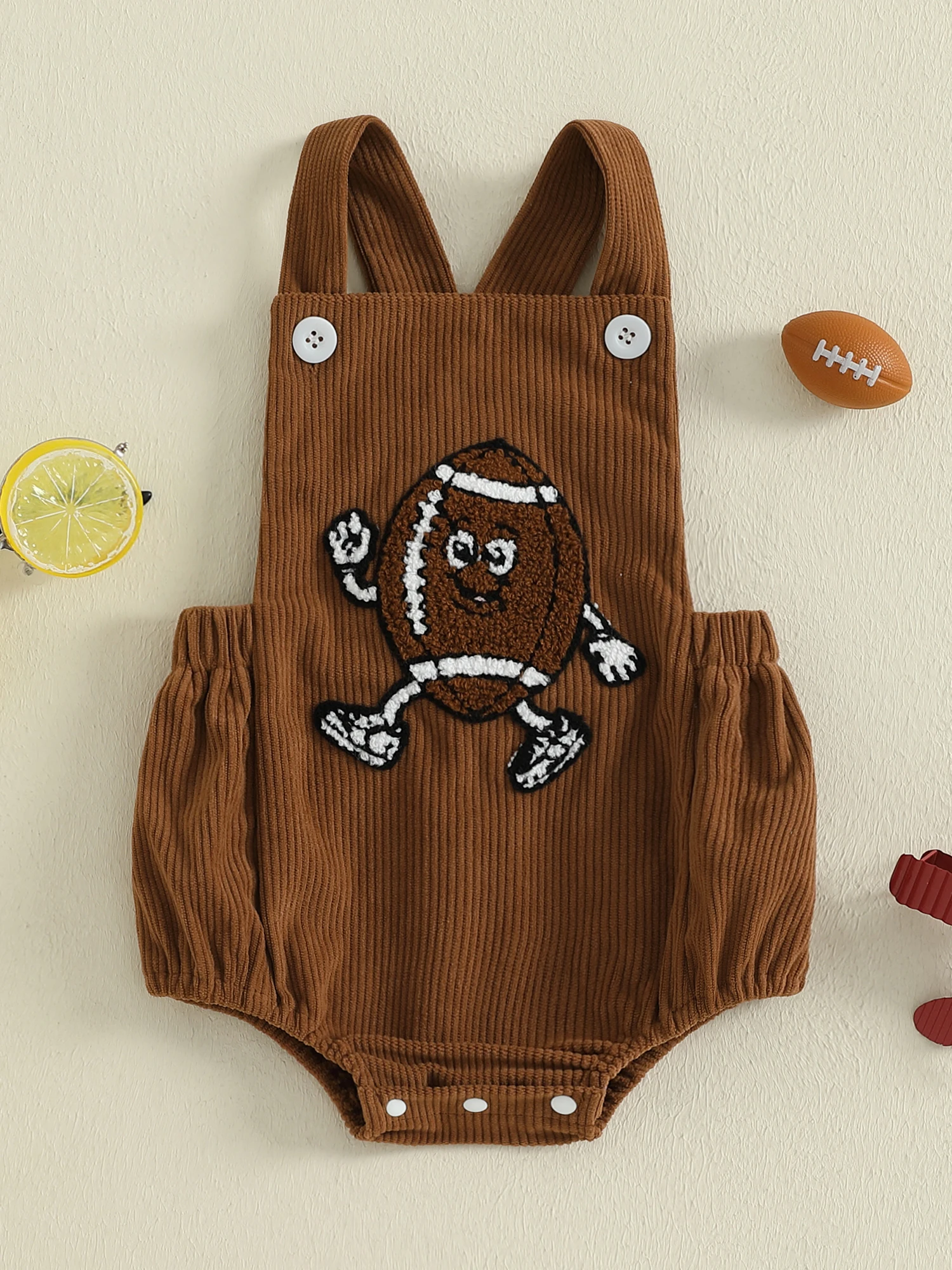 

Cute Infant Boy Soccer Overalls Stylish Dungarees with Football Applique Sleeveless Romper Backless Jumpsuit