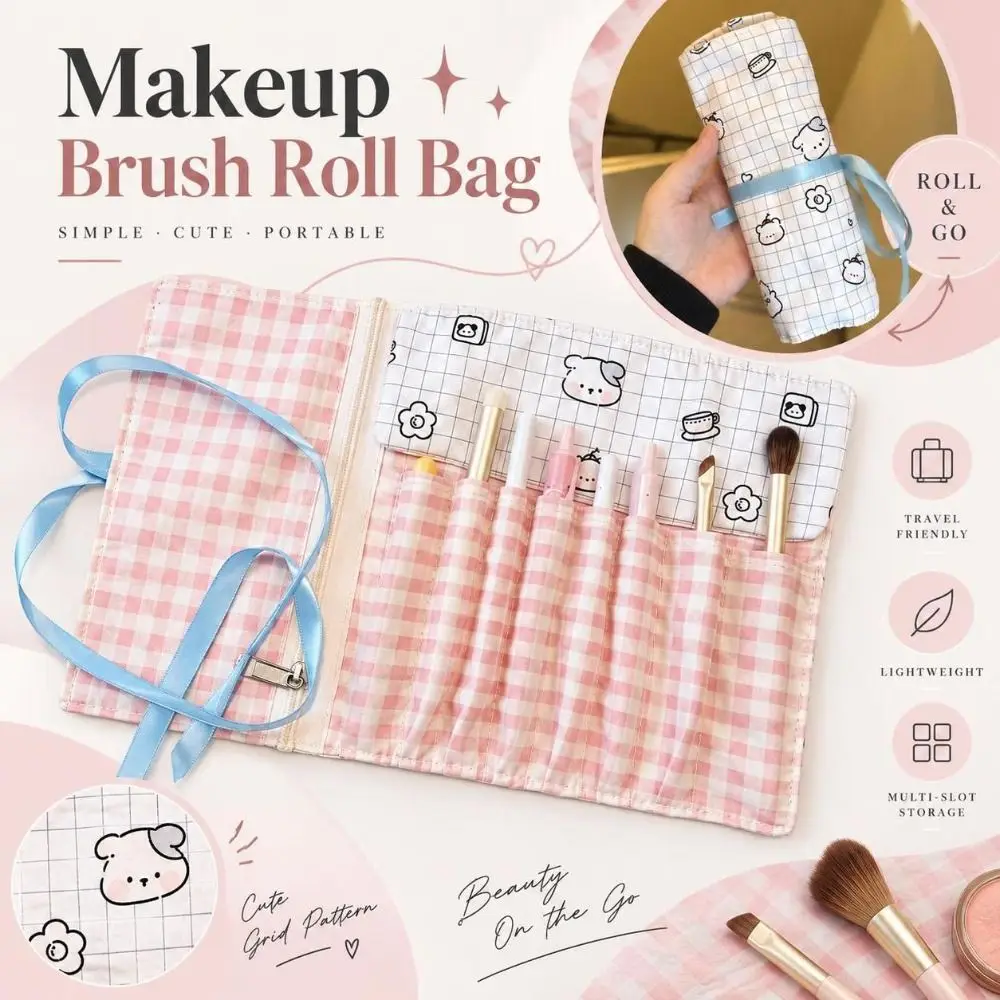Multi-Slot Makeup Brush Roll Bag Grid Pattern Ribbon-Tie Cosmetic Brush Pouch Lightweight Portable Brush Storage Wrap