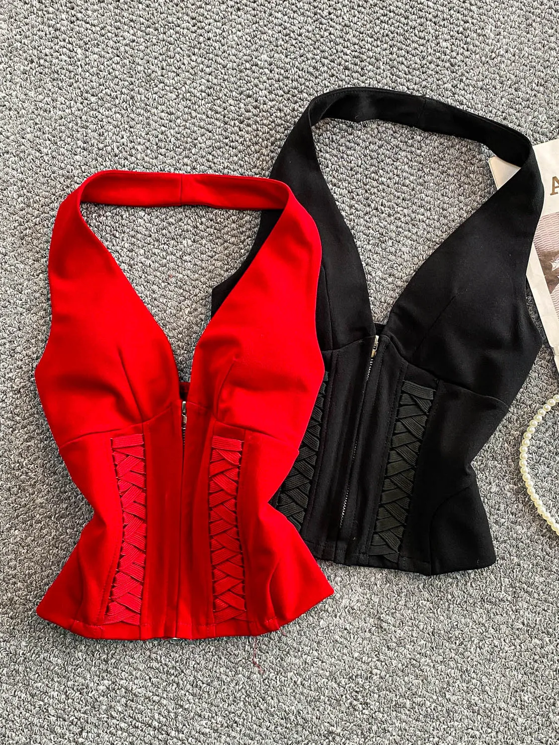 

Sexy Bal V-Ne Zipper Hanging Ne Strap Women's Autumn Winter Design Cross Bule Slimming Top Pure Desire Hot Girl Sle