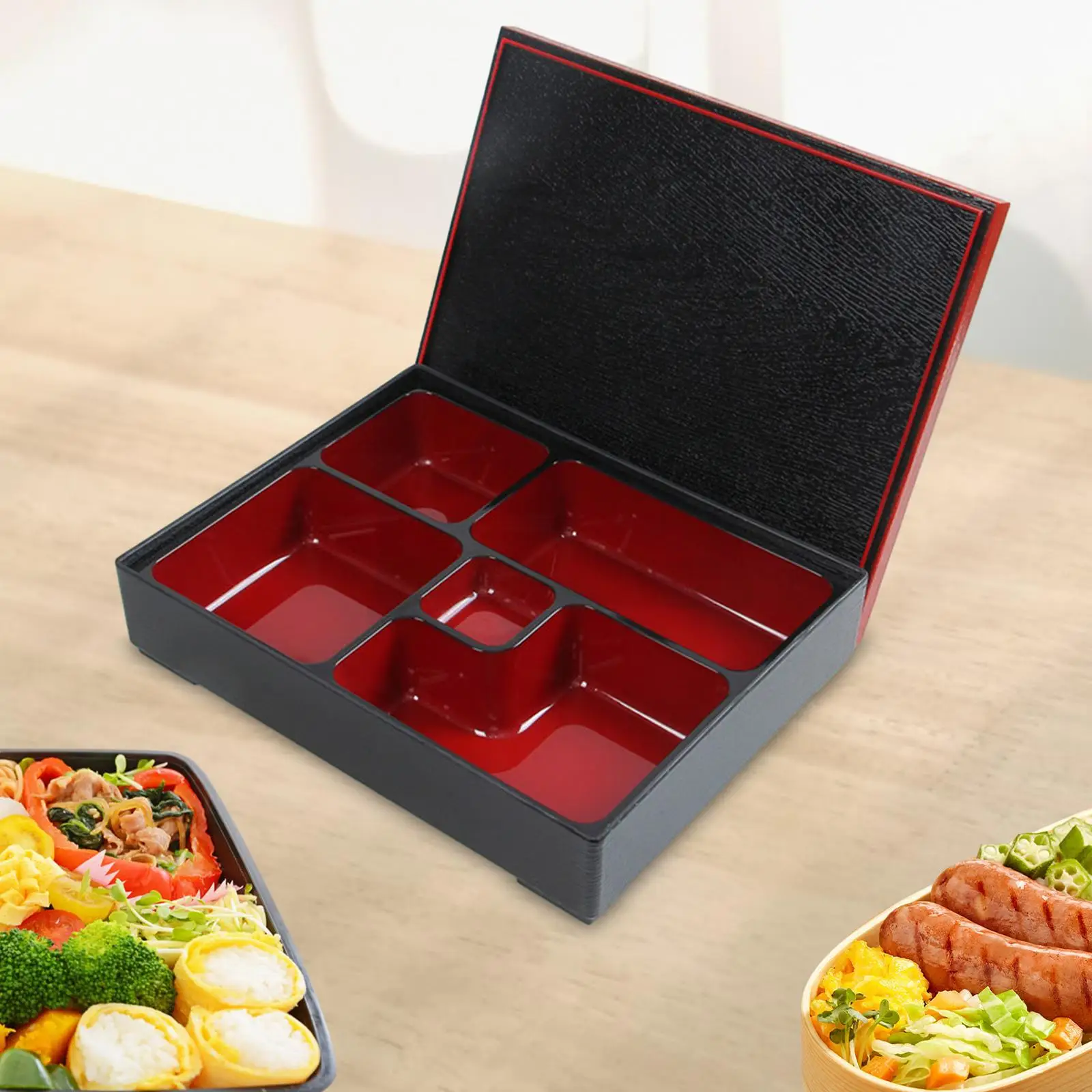 Japanische Bento-Box, rot und schwarz, 5 Fächer, Lunchbox, Lebensmittelbehälter für