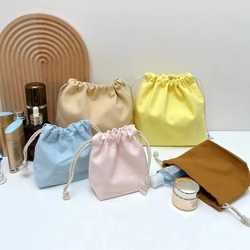 Plain Canvas Drawstring Bag Stereoscopic Design Storage Pouch With Inner Pocket For Daily Sundries