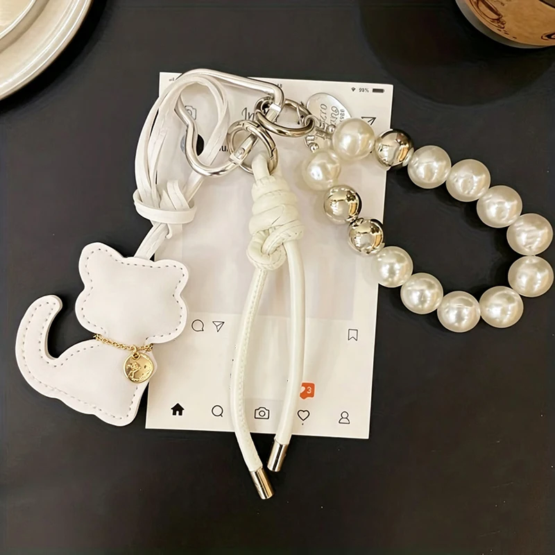 Neue Imitationsperlen-Katzen-Handykette Geschenk Hängende Verzierung Anhänger Handtaschenanhänger Schlüsselanhänger für Frauen und Mädchen – Detail 2