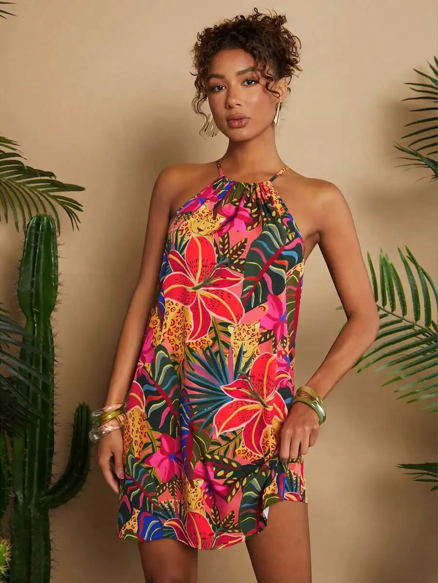 

Vibrant Tropical Print Halter Neck Mini Dress - Lightweight Chiffon, Loose Fit