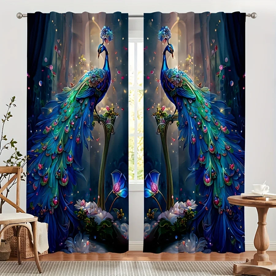 

2PC Blue Peacock Feather Print Curtains - Polyester Rod Pocket Drapes for Living Room & Office Decor