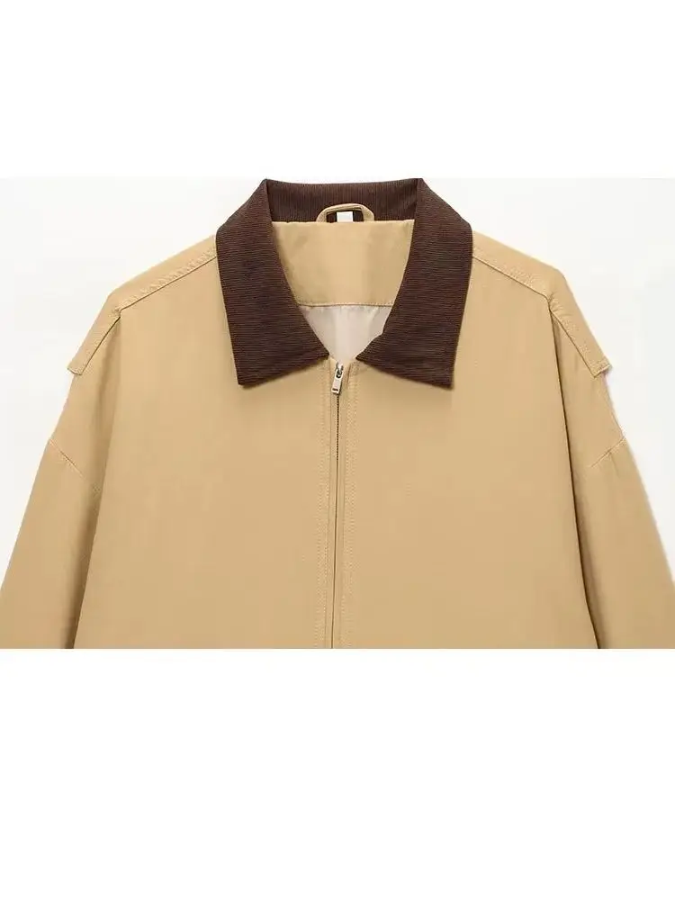 เสื้อโค้ทผู้หญิงแฟชั่นทรงหลวม แต่งปกต่อผ้า กระเป๋าตกแต่ง ทรงกว้าง สไตล์ลำลอง ซิปหน้า แขนยาว เหมาะสำหรับฤดูหนาว