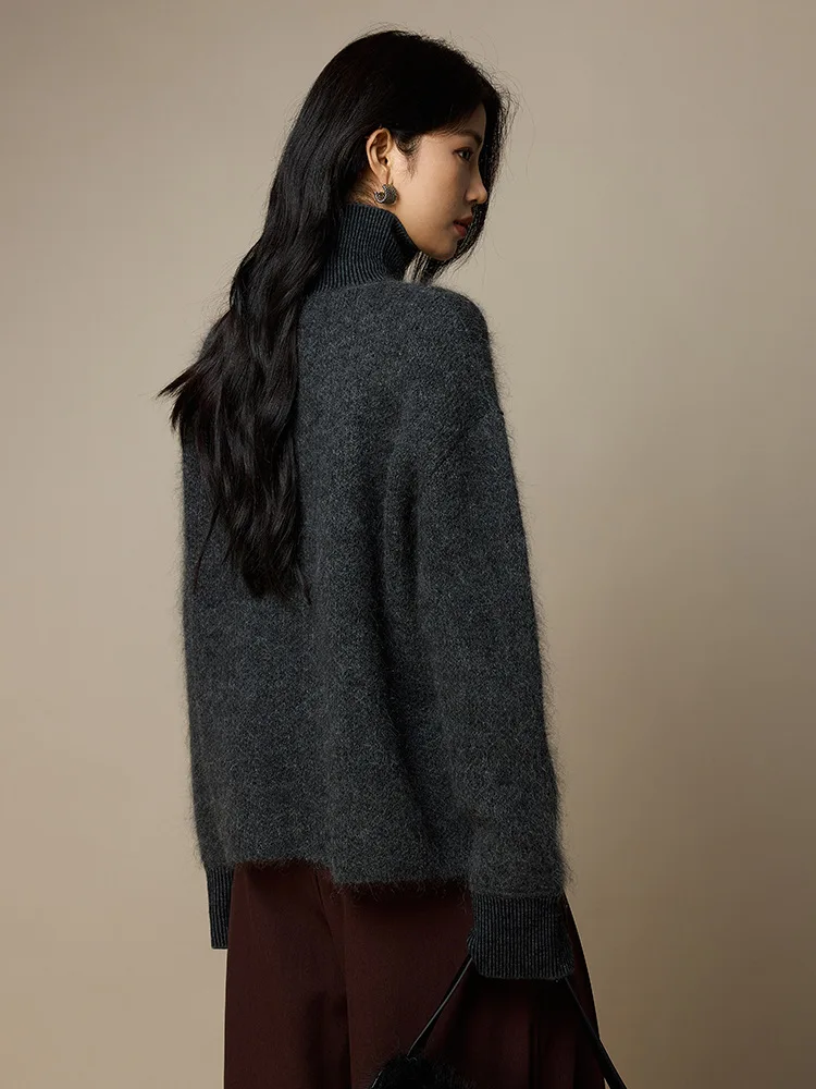 Birdtree, gebreide trui van mohairmix, dames coltrui basics gebreide kleding, pluche tops, 2025 herfst winter grijze trui T5N803JF